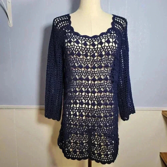 West Point Large Blue Crocheted Scalloped Round Neck 3/4 Sleeve Pullover Top - Picture 1 of 10